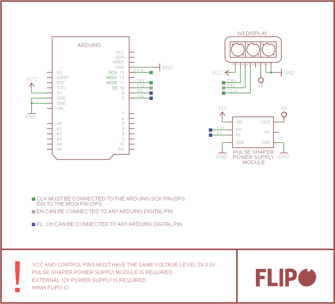 Flip-disc 1x3 Display Arduino Example Connection Schematic #1