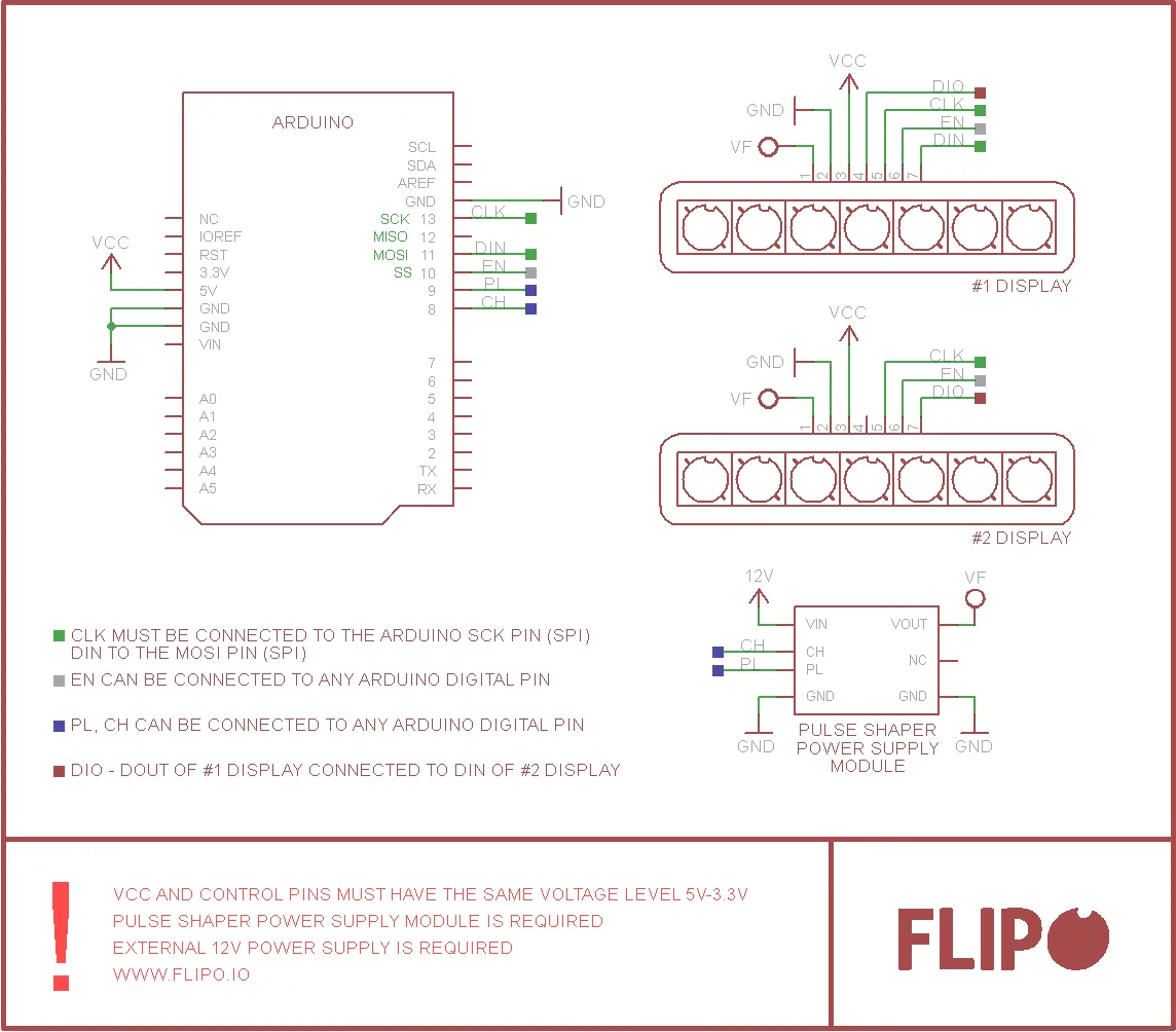 Flip-disc 1×7 Display Arduino Example Connection with Pulse Shaper Schematic #2 Flip-disc 1x7 Display Arduino Example Connection with Pulse Shaper Schematic #2