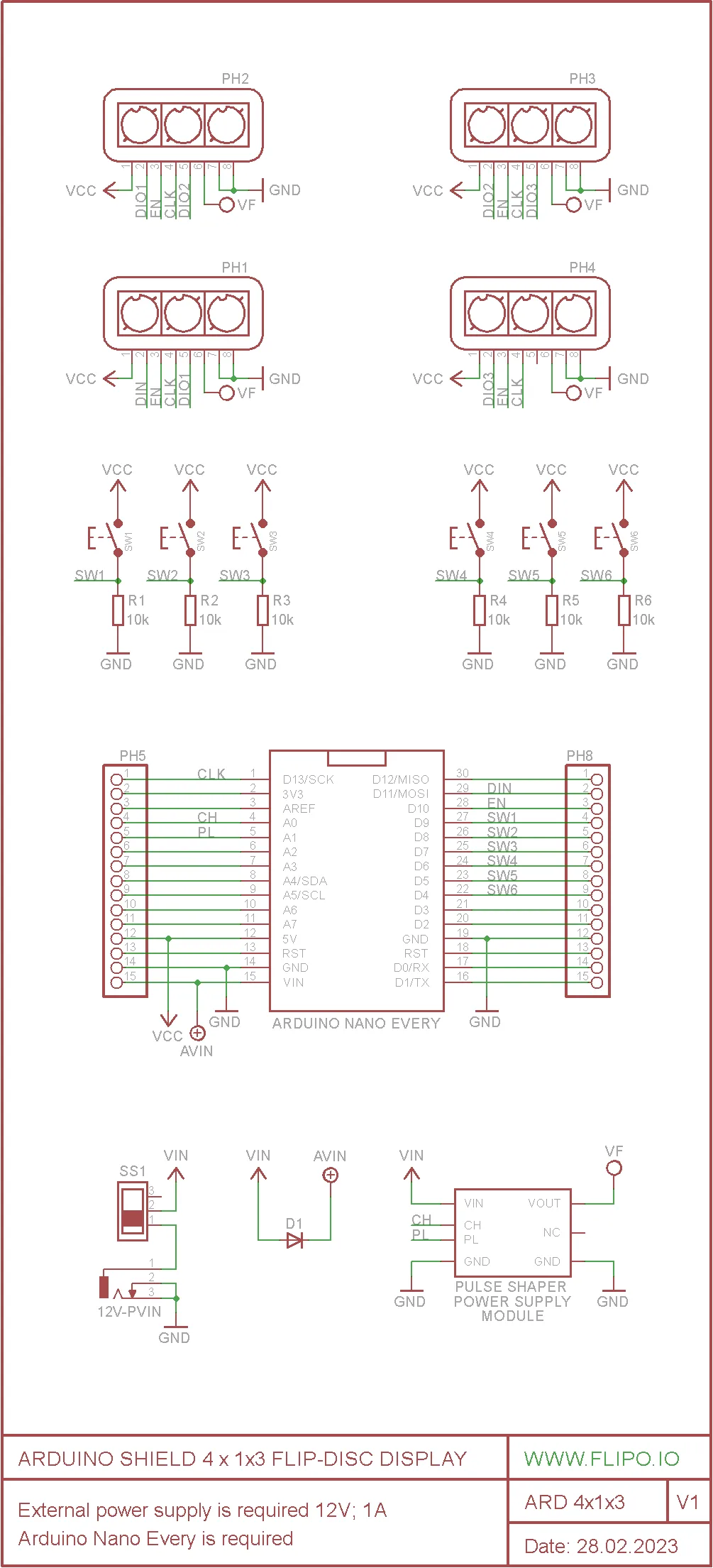 Arduino Shield 4x1x3 Flip-disc Display Schematic