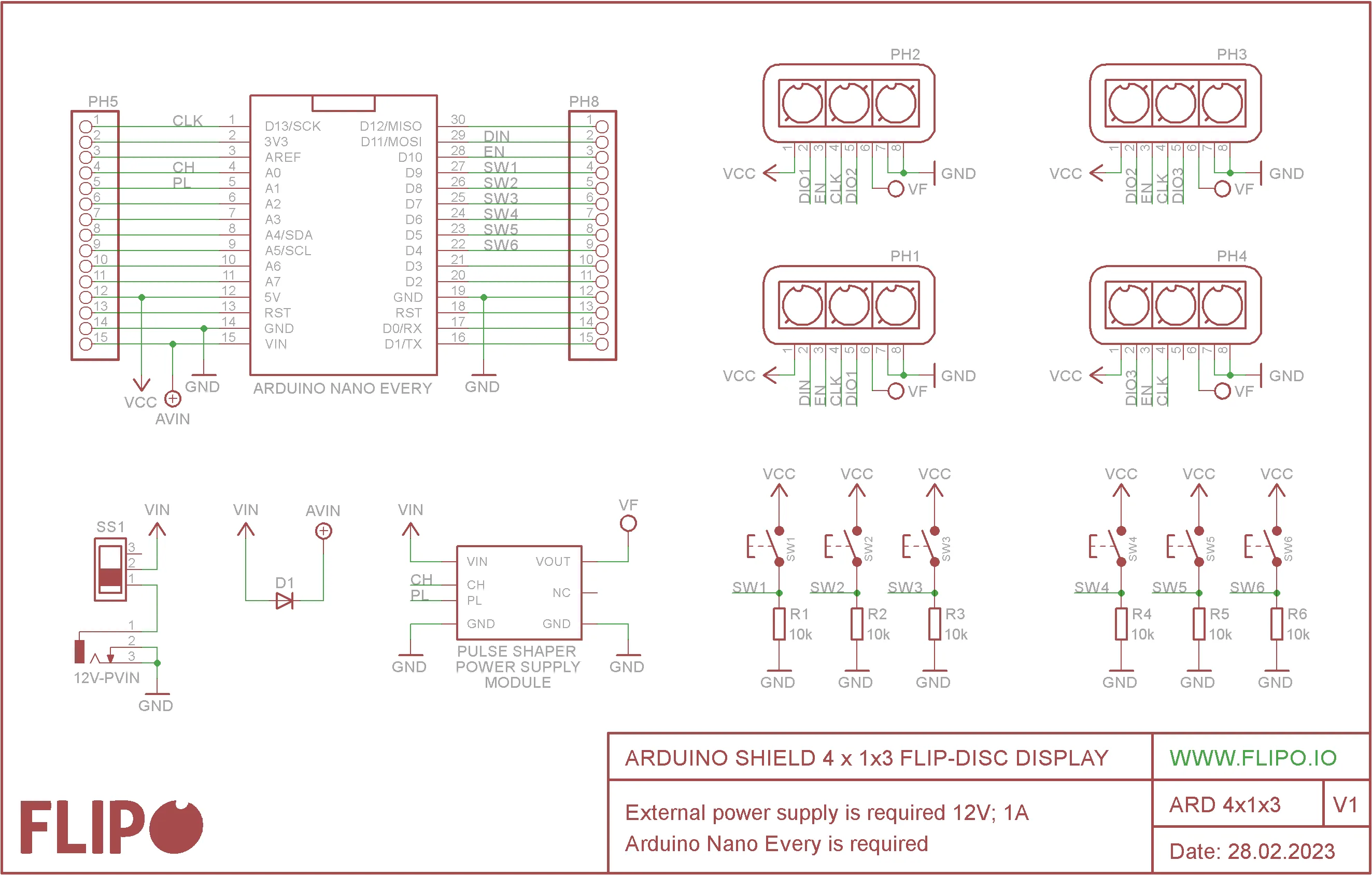 Arduino Shield 4x1x3 Flip-disc Display Schematic
