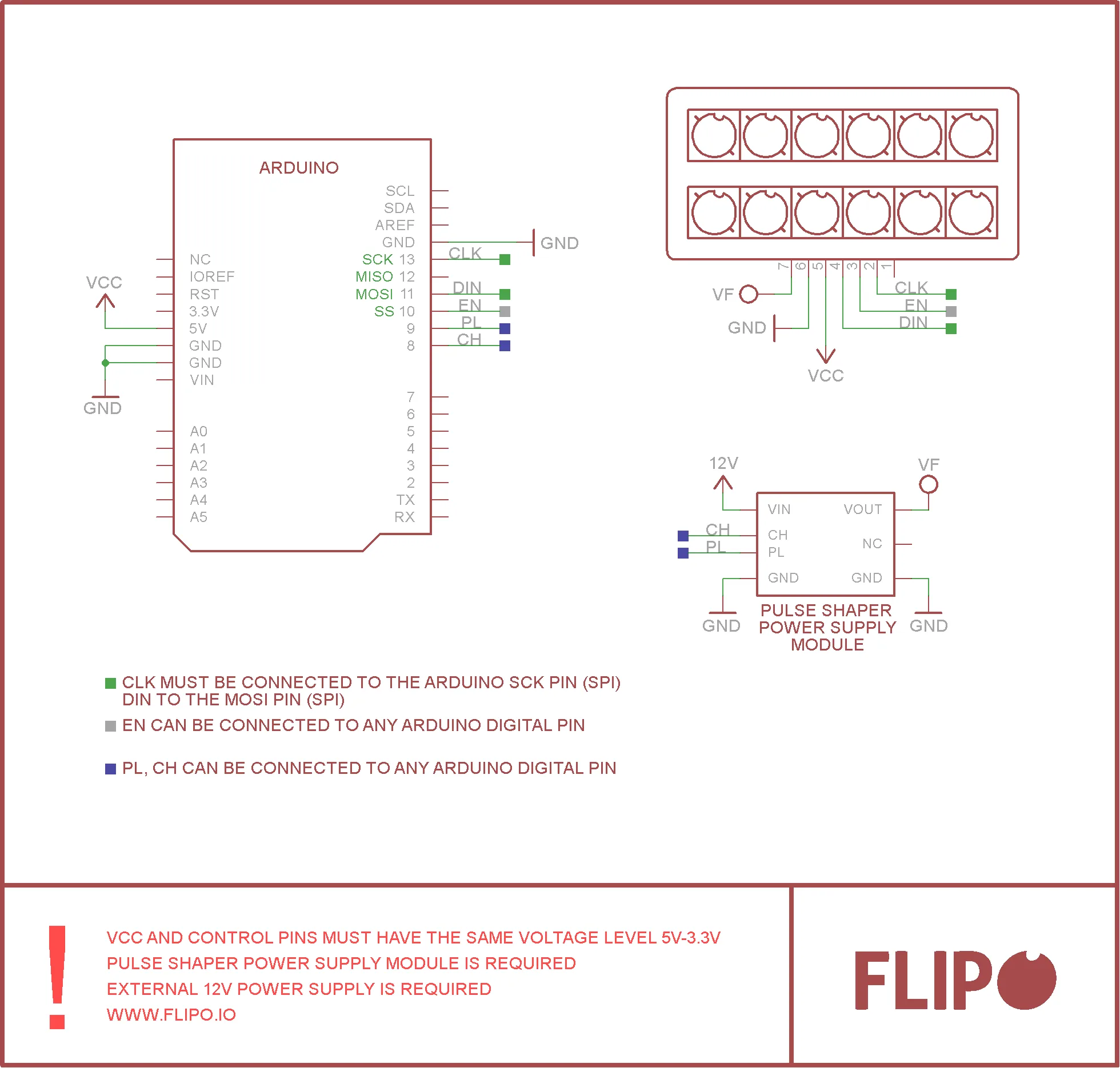Flip-disc 2x6 Display Arduino Example Connection with Pulse Shaper Schematic #1